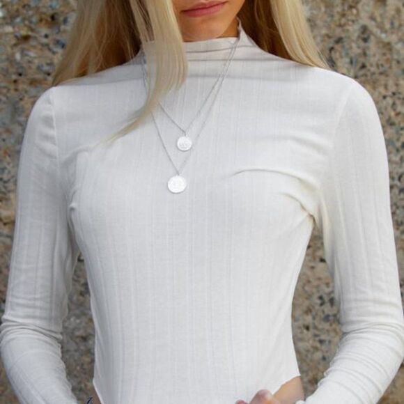 Zaful Lettuce Trim Ribbed Knit Shirt in Beige - Picture 1 of 5